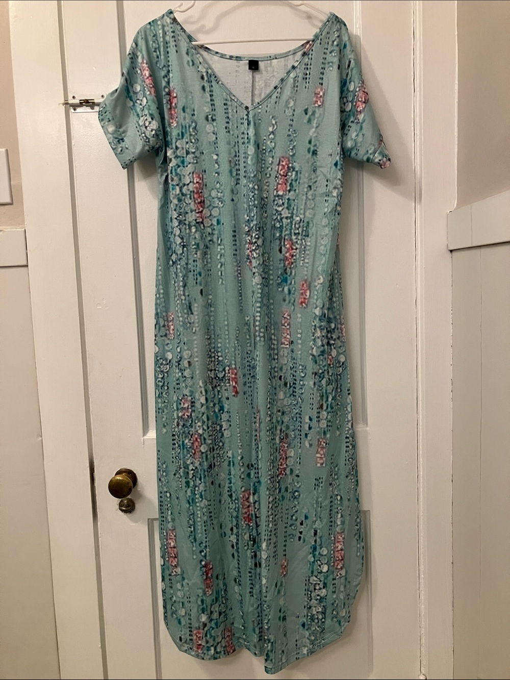 Women’s brand new, green and pink v-neck, short sleeve, long dress